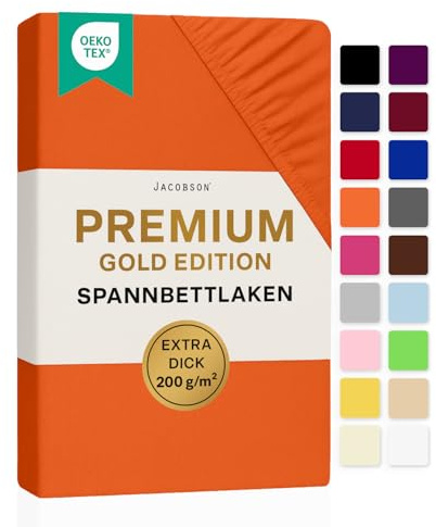 Jacobson Premium Spannbettlaken 200 g/m² Jersey Baumwolle mit Elasthan (120x200-130x200 cm, Orange)