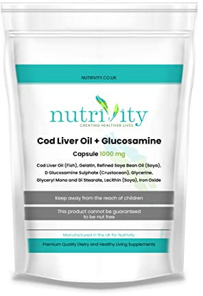 Cod Liver Oil & Glucosamine 1000mg Capsules for Joint Health with Omega-3 Fish Oil Omega 3 Capsules High Strength Rich in EPA & DHA Cod Liver Capsules by Nutrivity UK 365 Caps