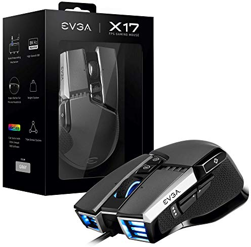 EVGA X17 Gaming Mouse, Wired, Grey, Customizable, 16,000 DPI, 5 Profiles, 10 Buttons, Ergonomic 903-W1-17GR-K3
