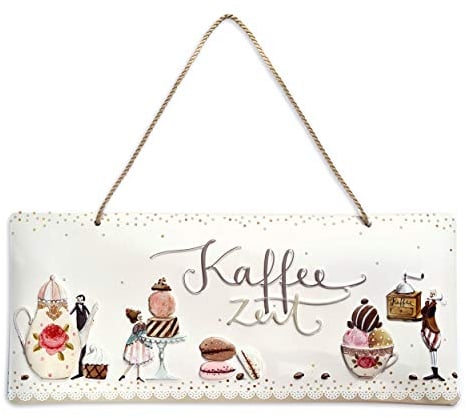 Blechschild Kaffee Zeit, Metallschild, Wanddeko Metall zum Aufhängen, Türschild quer für Küche oder Esszimmer | Schönes Geschenk zum Einzug oder Richtfest