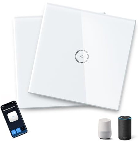 Aigostar - Interruttore a parete WIFI con pannello in vetro touch screen a 1 interruttore, color Bianco. Compatibile con ALEXA e GOOGLE HOME, controllo vocale e funzione Timer. Confezione da 2 pezzi