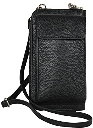 AmbraModa GLX21 - multifunktionale Damen Handytasche, Umhängetasche, Geldbörse aus echtem Leder, geeignet für Handys bis 6,5 Zoll (Schwarz)