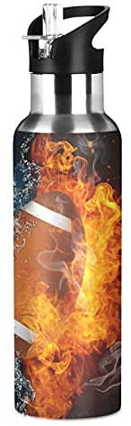 Vnurnrn Art Cadeau Sport Rugby Football Bouteille d'eau Isotherme avec Paille en Acier Inoxydable Gourde 600ML, Sans Bpa Gourdes Eau pour Enfant Sport Randonnée École Bureau