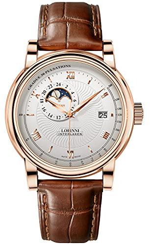 Lobinni Herren Mondphase Edelstahl Automatisch Mechanische Kleid Analog Business Casual Mode Luxus Kalender Uhr, Rosé-Weiß-L, Mechanisch