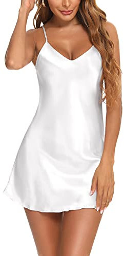 Litherday Chemise de Nuit Femme Satin Nuisette Sling Robe de Nuit avec Bretelles Reglables Deshabillé Col V Couleur Unie,Blanc,XL