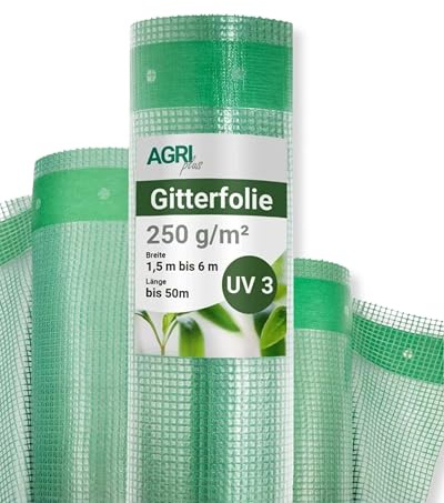 AGRI plus Gitterfolie 250 g/m² I 1,5 x 25 m I UV-beständige & reißfeste Gartenfolie mit Nagelrand I Lichtdurchlässig & wetterfest I Transparente Folie für Gewächshaus, Frühbeet & Außeneinsatz