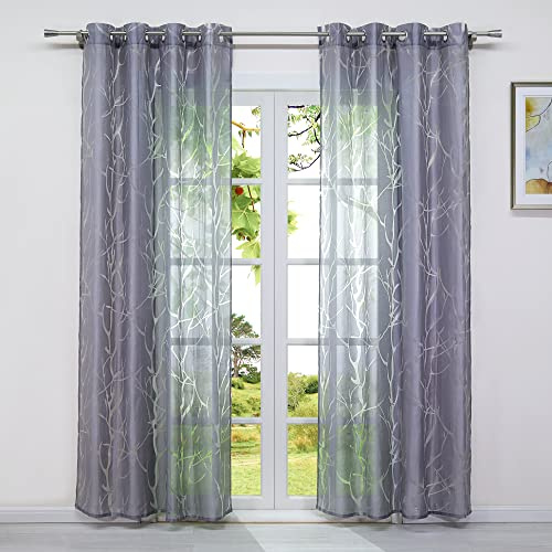 HeichkelL Gardine mit Ösen aus Voile Transparente Ausbrenner Vorhang 1 Stück Modern Ösenschal Fensterdekoration in Baumäste Muster Grau BxH 140x225 cm