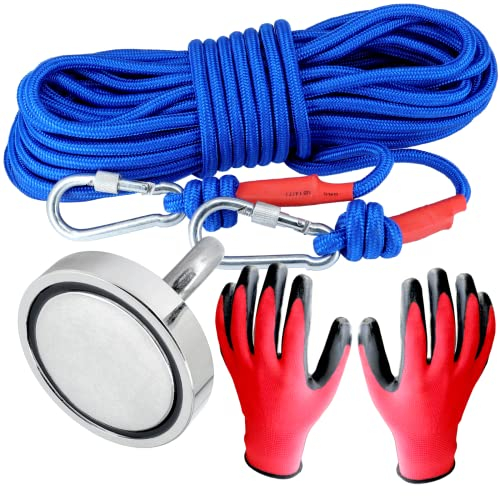 MVT Magnetfischen Magnetangel Set 120KG Stark Mit 20m Seil 8mm Dick Neodym Bergemagnet Mit 2 Karabinerhaken und Handschuhe Super Starker Magnet 48mm