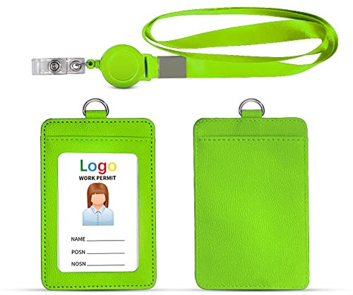 HYCOPROT Porta Badge Pelle PU con 1 Finestra ID e 1 Slot Per Carte ID Badge Portabiglietti con Retrattile Bobina Clip e Moschettone d'Identità Per Studenti d'Affari in Ufficio (Verde, Verticale)