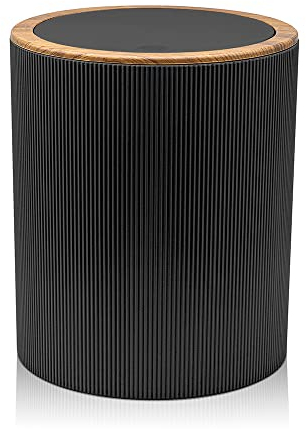 Inbagno Pattumiera 5lt, in plastica Nero coperchio basculante, dettagli effetto legno, serie Blob
