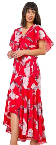 Roman Frill Dress for Women UK Ladies Summer Wrap Chiffon Frill Hem Layered Belted Midi Maxi Tiered Cape Special Occasion Fit & Flare Wedding Guest Swing Skater Hot Pink