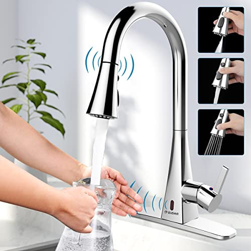 Grifo de cocina sin contacto, 2 grifos de fregadero de cocina con sensor de movimiento con rociador desplegable de 3 funciones, grifo de flujo americano de una sola manija, montaje de 1 o 3 agujeros,