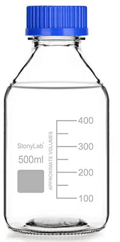stonylab Bouteille de Stockage Gradués avec Bouchon à Vis GL45, 500 ml en Verre Transparent Rond pour Réactifs de Laboratoire avec Bouchon à vis Bleu, 1 Pack