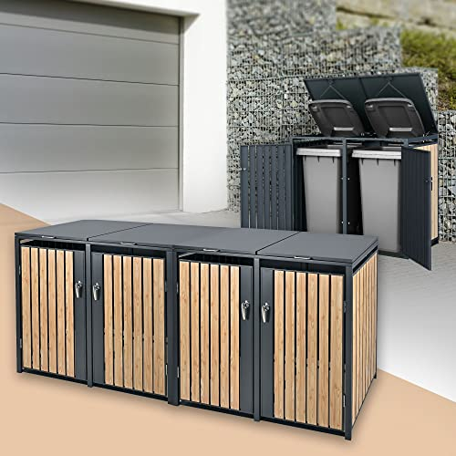 ML-Design Mülltonnenbox 4er 4 Tonnen 240L 264x80x116,3cm Anthrazit-Lärchenoptik, Stahl wetterfest/abschließbar Mülltonnenverkleidung Klappdeckel/4 Türen, Müllbox Mülltonnecontainer Mülltonnenabdeckung