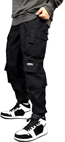 ORANDESIGNE Pantaloni Cargo Uomo Pantaloni Lunghi con Coulisse Pantaloni di Hip Hop Pantaloni Sportivi Multi-Tasca Casual Streetwear Ragazzi Techwear Pantaloni A Nero M