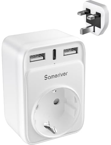 Sameriver Adaptador Enchufe Ingles UK Inglaterra Adaptador de Viaje con 2USB y Tipo C, Español 2 Patas Europa hacia 3 Patas Reino Unido RU para Irlanda Escocia Britanico Maldivas (Tipo G) Blanco