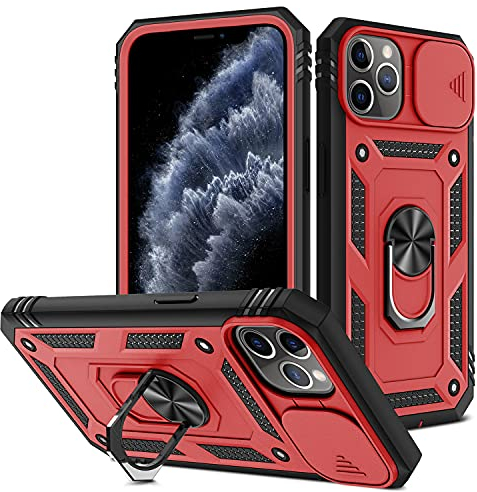 AFARER 11 Pro Max Hülle, Kameraschutz Rüstung Duale Schichte Gehäuse mit 360 Grad Ring Ständer und magnetisches Eisenblech Kompatibel mit iPhone 11 Pro Max Rot