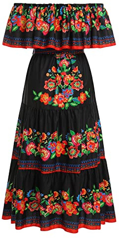 IWEMEK Damen Mexikanisches Kleid Volant Schulterfreies langes Blumenkleid mit Gürtel Sommer Boho Cinco de Mayo Tag der Toten Festkleid Halloween Karneval Festzug Partykleid Schwarz L