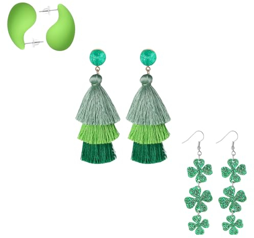 JewelryWe St. Patrick's Day Ohrringe Damen: 3 Paar Grün Acryl Ohrringe Kleeblatt Tropfen Wassertropfen Quasten Irische Baumelnde Ohrringe Glücksbringer Ohrhänger Ohrstecker für Frauen Mädchen