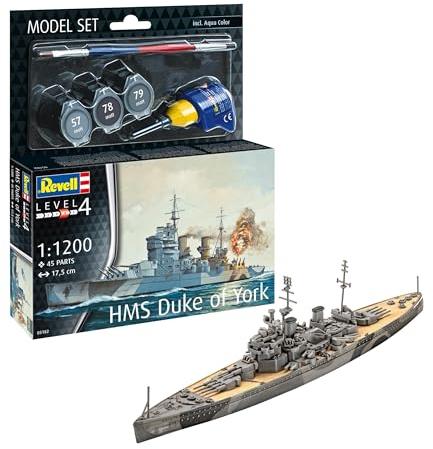 Revell Model Set 65182 Battleship HMS Duke Age 14+ of York 1:1200 Scale Unbuilt/Unpainted Plastic Model Kit with Contacta Professional Glue, Paintbrush & Selected Aqua Color Paints