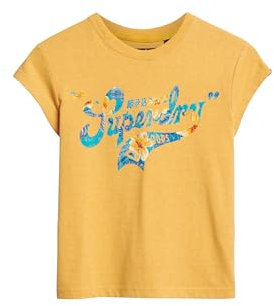 Superdry Damen Geblümtes T-Shirt mit Schriftzug und Flügelärmeln Bernsteinfarben Gelb Meliert 36