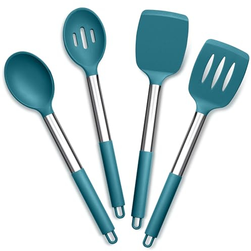 Joyfair Kitchen Utensils Set, 4 Pack Silicone Cooking Utensils Set, Non Stick Stainless Steel Spatula Turner Spoon Ideal for Cooking Mixing Serving Stirring, Heat Resistant & Dishwasher Safe, Blue