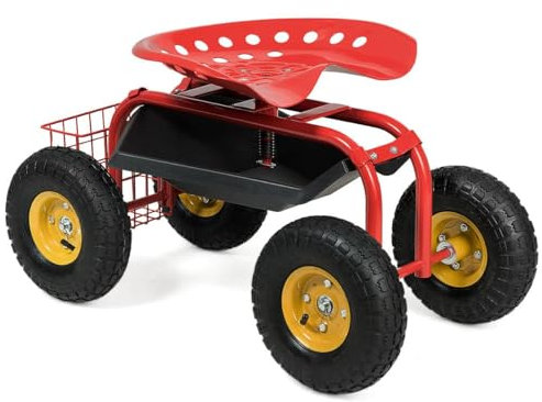 GiantexUK Adjustable Rolling Garden Cart, Outdoor Gardening Trolley Planting Station with Swivel Seat, Tool Tray & Basket, Heavy Duty Gardener Work Stool Scooter (Red, 80x45x47-55cm)