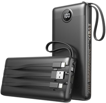 Power Bank 20000mAh con Cables Integrados, VEEKTOMX Bateria Externa Carga Rapida, Bateria Portatil Powerbank Viaje Cargador Portatil 5 Salidas y 2 Entradas Compatible con iPhone/Samsung/Android...