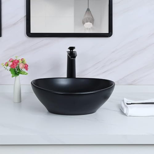 HaTur Lavandino in Ceramica Controsoffitto Lavabo d' Appoggio Ovale in Ceramica Lavandino Bagno Lavelli da toeletta, 41 * 34 * 14.5 cm, Nero Opaco