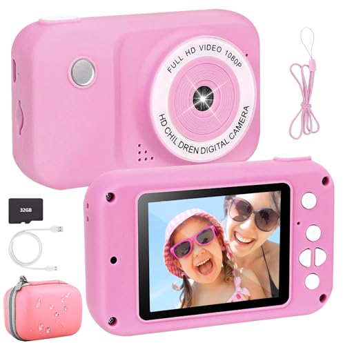 Kinderkamera inkl.Tragetasche 2,4 Bildschir 1080P HD Kinder Kamera 32G SD-Kart Selfie Digitalkamera Geschenke für 3-12 Jahre Jungen und Mädchen für Geburtstagsgeschenk Weihnachten Spielzeug (Rosa)