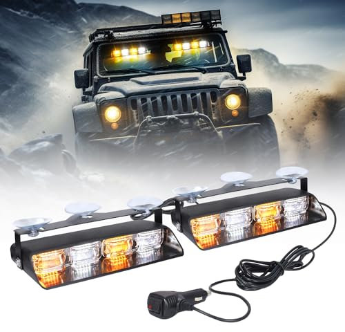 OPP ULITE Emergency Flashing Dash Strobe Lights 2 in 1, 24pcs Led, 26 Flash Mode, Memory Function, DC 12V-24V Cigarette Plug Front/Rear Windshield Warning Light Bar for Vehicles Trucks, White Amber