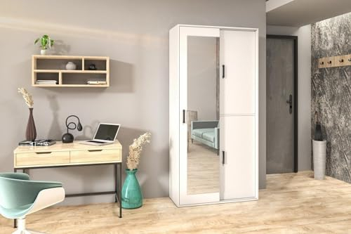 BEAUTY SOFA - Schrank - Spiegelschrank - Kleiderschrank mit Schiebetüren und Spiegel - Garderobenschrank, Mehrzweckschrank, Flurschrank, mit Einlegeböden, Kleiderstange - Weiß - Breite 100cm