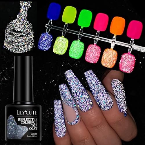 Reflective Glitter Gel Nail Polish, Glow In The Dark Gel Top Coat, Shimmer Colorful Nail Polish Gel, Long-lasting Luminous Top Coat for Nail Art, UV LED Needed, with Any Colors for Salon DIY Home