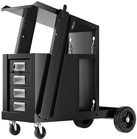 GYMAX Schweißwagen, Schweißmobil aus Metall mit 4 Schubladen, schräge Oberseite & Gasflaschenhalter, Schweßgeräte Wagen mit Räder, 71 x 38 x 71 cm