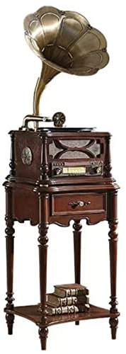 FLNOZAMZ Retro-Grammophon, Massivholz-Lautsprecher im Wohnzimmer im europäischen Stil, Vinyl-Plattenspieler, antiker Bluetooth-Lautsprecher/UKW-Radio/Fernbedienung (Walnut 1)