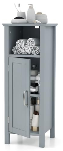 Multigot Bathroom Floor Cabinet, Freestanding Wooden Storage Cupboard with Single Door and Adjustable Shelf, Modern Side Cabinet Slim Storage Organizer Unit for Bathroom Living Room Entryway (Grey)