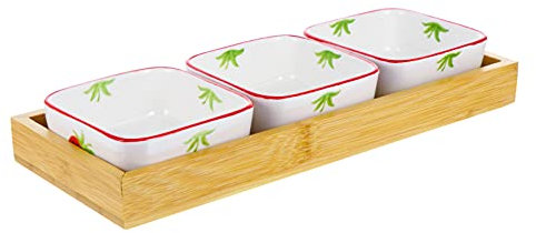 Bandeja para servir dulces con compartimento de cerámica, cuencos divididos con bandeja de bambú para servir alimentos, aperitivos, condimentos, aperitivos, frutos secos, platos de cocina