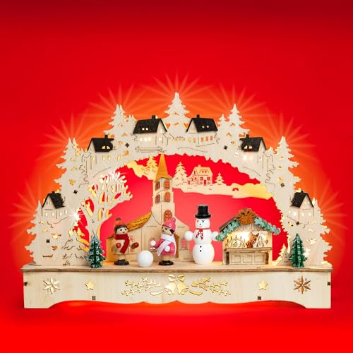 SIKORA LB94s Kleiner Schwibbogen aus Holz beleuchteter LED Lichterbogen Deko Weihnachten Motiv Winterdorf Breite 27cm
