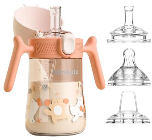 nohlerlife Baby Sippy Cup 240ml, Weighted Straw Non Spill Cup for Months 6+, Toddlers Straw Cup with Handles, Spill-Proof, Leak-Proof with 3 Types Soft Silicone Spout, BPA Free (Orange)