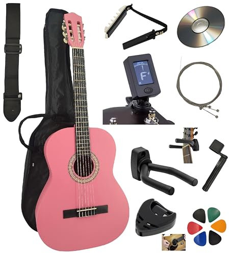 AMROVA Pack Guitare Classique 4/4 (Adulte) 10 Accessoires Cour Vidéo et CD (Rose, 4/4, Droit)