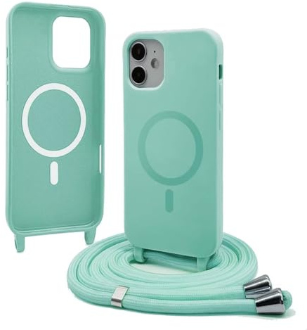 Bigcousin Funda Magnética con Cuerda Compatible con iPhone 12,Compatible con Magsafe,Silicona Caso con Correa Colgante Ajustable Collar Correa de Cuello Cadena Cordón,Verde Menta
