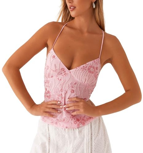 Moollyfox Canotta Elegante Donna – Top Estivo Y2K Senza Schienale con Scollo all'Americana, Paillettes Floreali, Perle Decorative e Spalline Sottili – Camisole Sexy per Estate