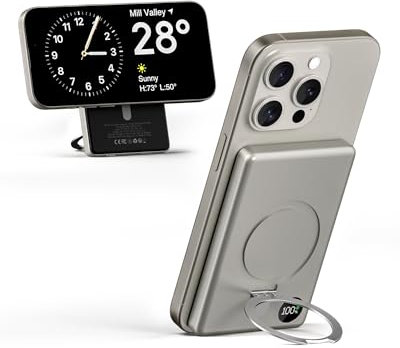 Magsafe Power Bank 10000mAh, Magnetische Powerbank für iPhone 15/14/13/12 Serie, Kabelloses Ladegerät PD 20W USB C Induktives Schnelles Aufladen Batterien Externe Akkupack mit Ständer (10000mAh-Titan)