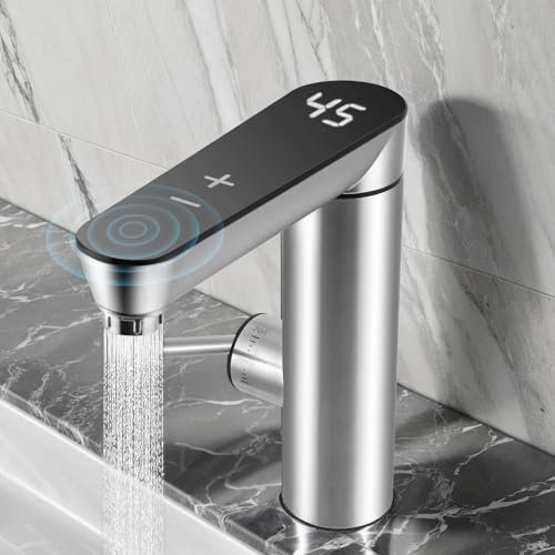 Instant Hot Water Tap, 220V Electric Tap Faucet with Digital Display 30-55℃ Tankless Water Heater 304 Stainless Steel Instant Electric Water Tap for Home Kitchen Sink Bathroom Washroom Facilities