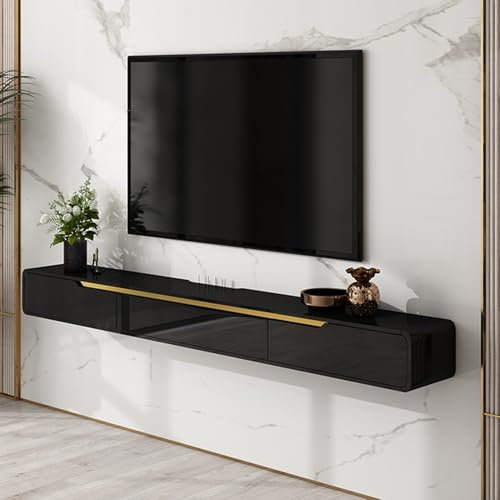 Générique Console Moderne rectangulaire pour entrée, Meuble TV Flottant avec étagère Murale Brillante et Rangement, Noir et Or, 160 cm