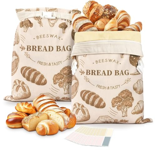CXRYLZ-FUR Sacs à Pain en Cire d'Abeille, Lot de 2 Réutilisables en Lin et Sans BPA avec Doublure TPU Zippé 43 x 33 cm pour Conserver, Fraîcheur, Rangement, Stockage, Au Levain et Du Pain (style 1)