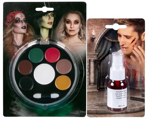 com-four® Halloween Schminkset mit Fettschminke & Kunstblut Spray - Gesichtsfarbe & Theaterblut für Horror Make-up, Kostüm & Karneval