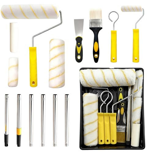 Kit de rouleau de peinture avec rallonge - 15 rouleaux de peinture de 22,9 cm et 10,2 cm - Ensemble de rouleaux de peinture avec pinceaux, grattoir et support de lavage - Rouleau de peinture pour la