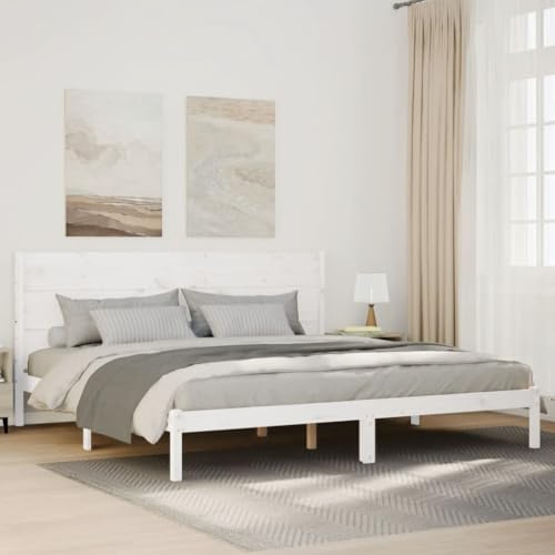 Yunovire Massivholzbett Weiß 200x220 cm, Extra Lang Kiefernholz Bettrahmen mit Lattenrost, Modernes Plattformbett für Schlafzimmer