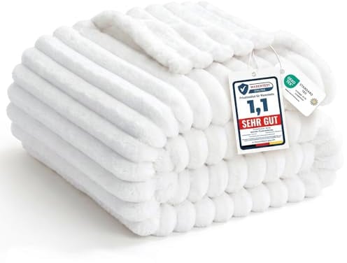 WAVVE Kuscheldecke Flauschig Decke Klein Weiß 130x150cm - weiche Flanell Fleecedecke, Sofadecke & Couchdecke, Warme Korddecke für Wohnzimmer Deko, Gemütlicher Sofaüberwurf Tagesdecke